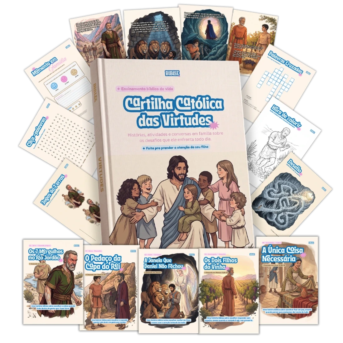 Cartilha Católica das Virtudes, capa principal, 5 livros individuais e folhas de atividade (colorir, labirinto, caça-palavras, jogo dos 7 erros)