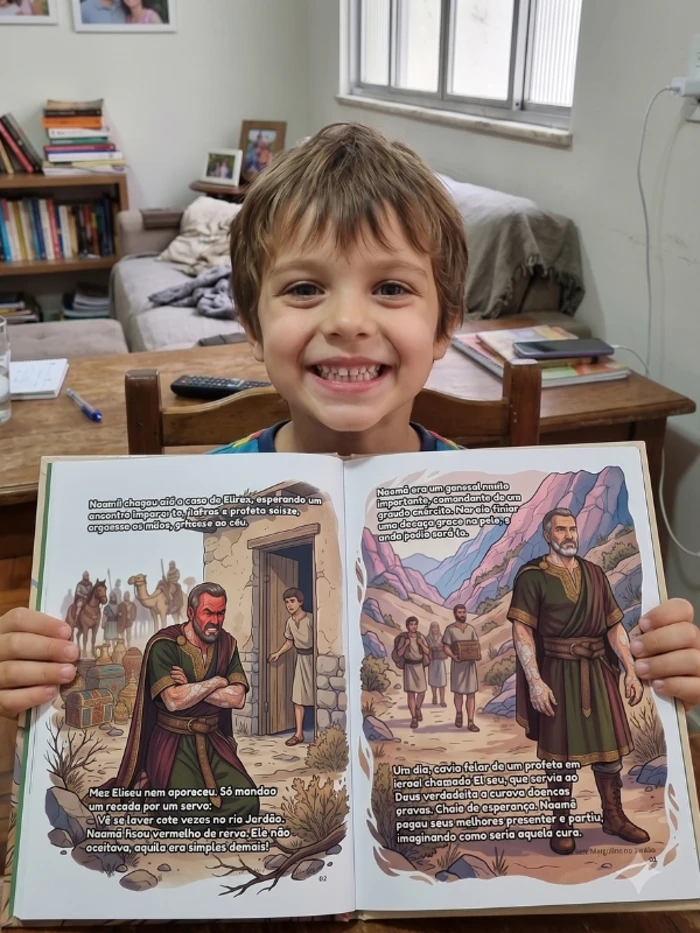 Criança usando a Cartilha Católica das Virtudes